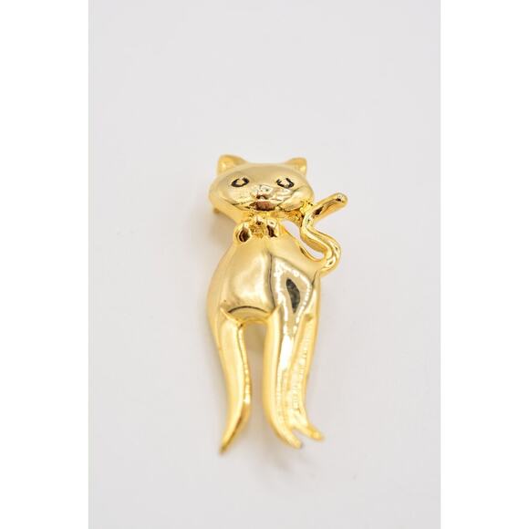 Vintage Cat Pin Brooch Pretty Gold Tone Shiny Metallic 1980s BinAJ - Picture 10 of 12